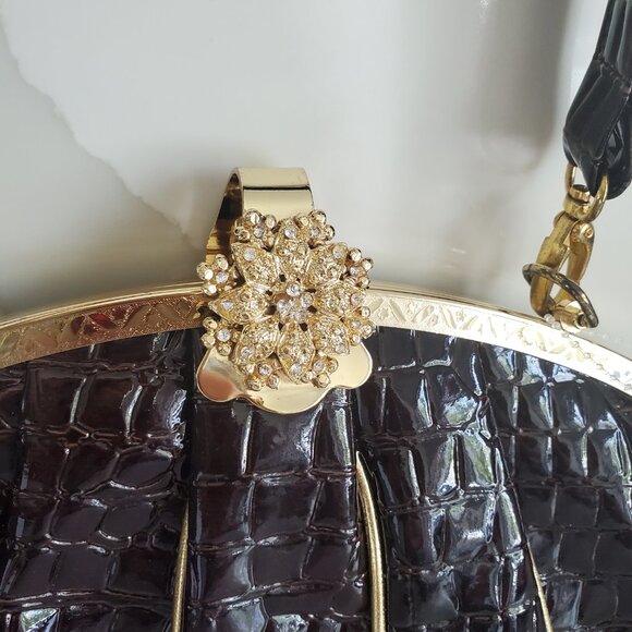 Vintage Brown Croc Evening Bag Clutch Bejewelled Clasp Optional Long Strap - Picture 2 of 12